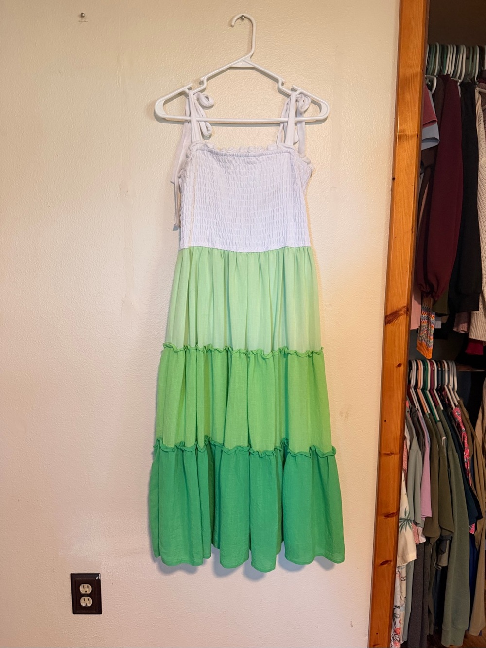 Smocked White Bodice Green Ombre Tiered Midi Dress